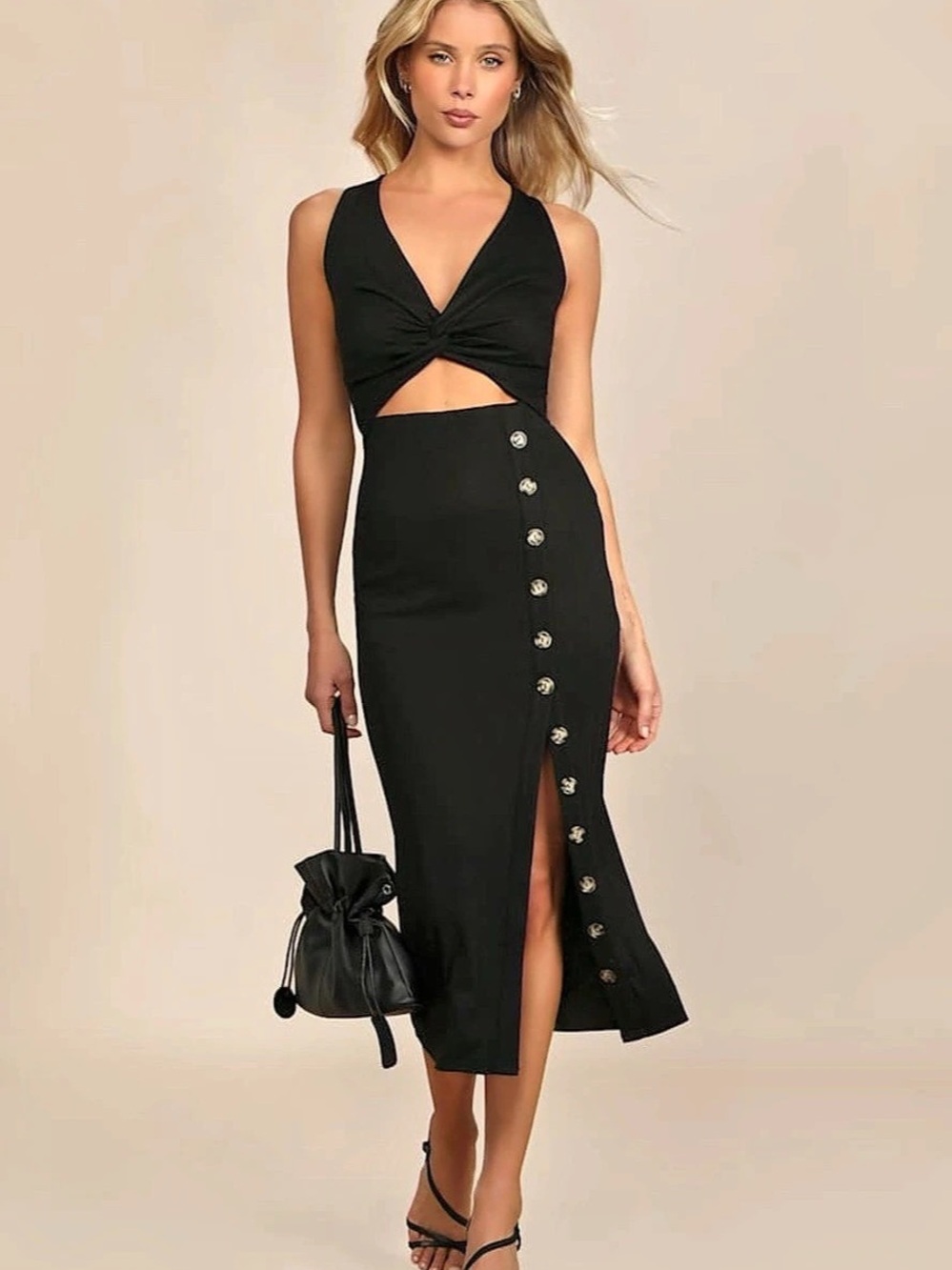 Lulus Trend Seeker Black Ribbed Twist-Front Cutout Midi Dress Medium